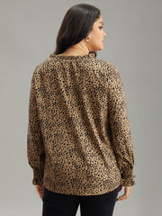 Leopard Shirred Notched Lantern Sleeve Blouse