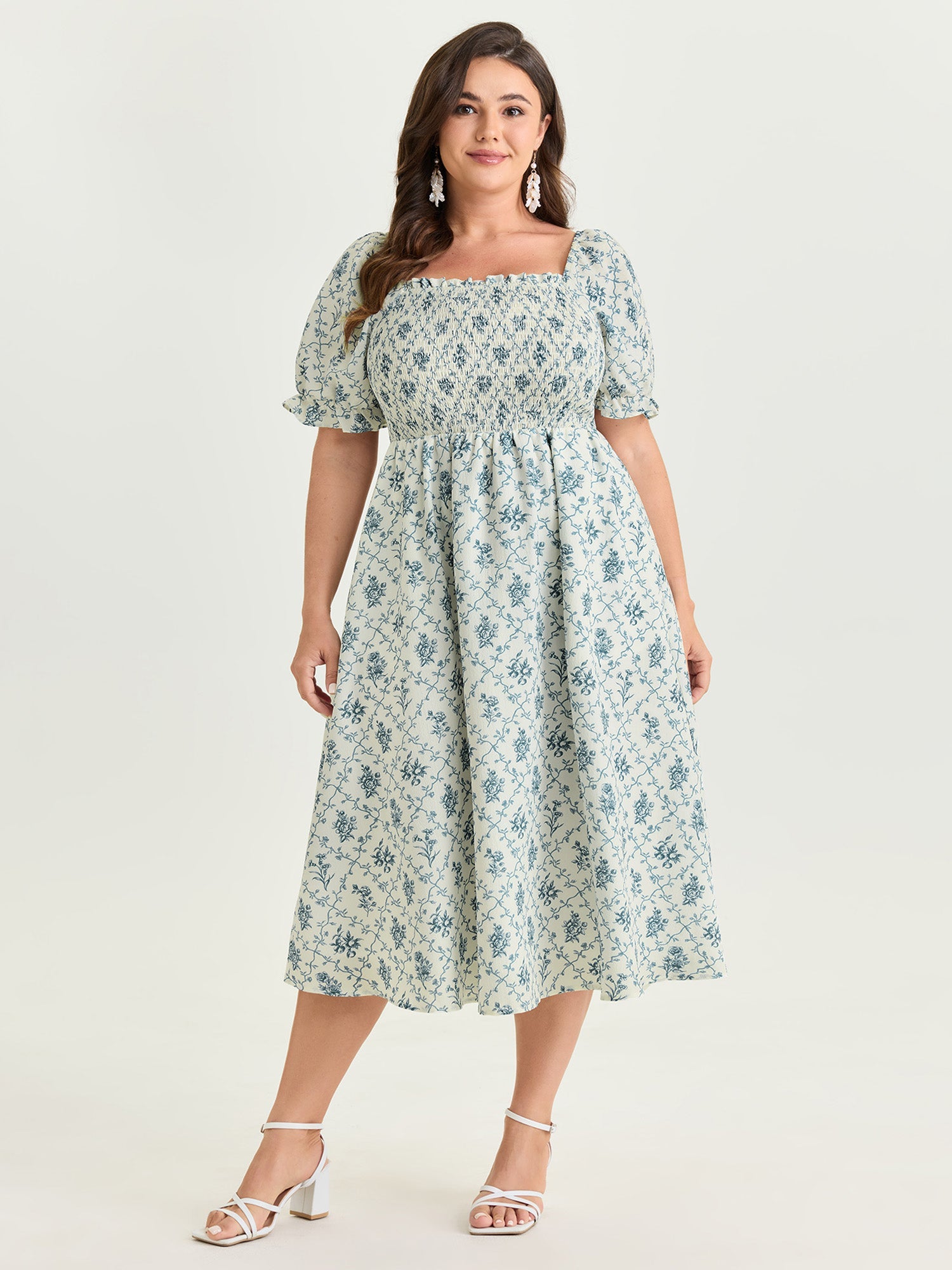 Floral Print Shirred Bodice Flowy Midi Dress