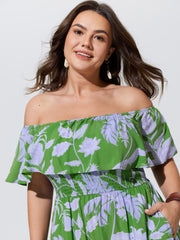 Floral Print Shirred Off-Shoulder Midi Dress