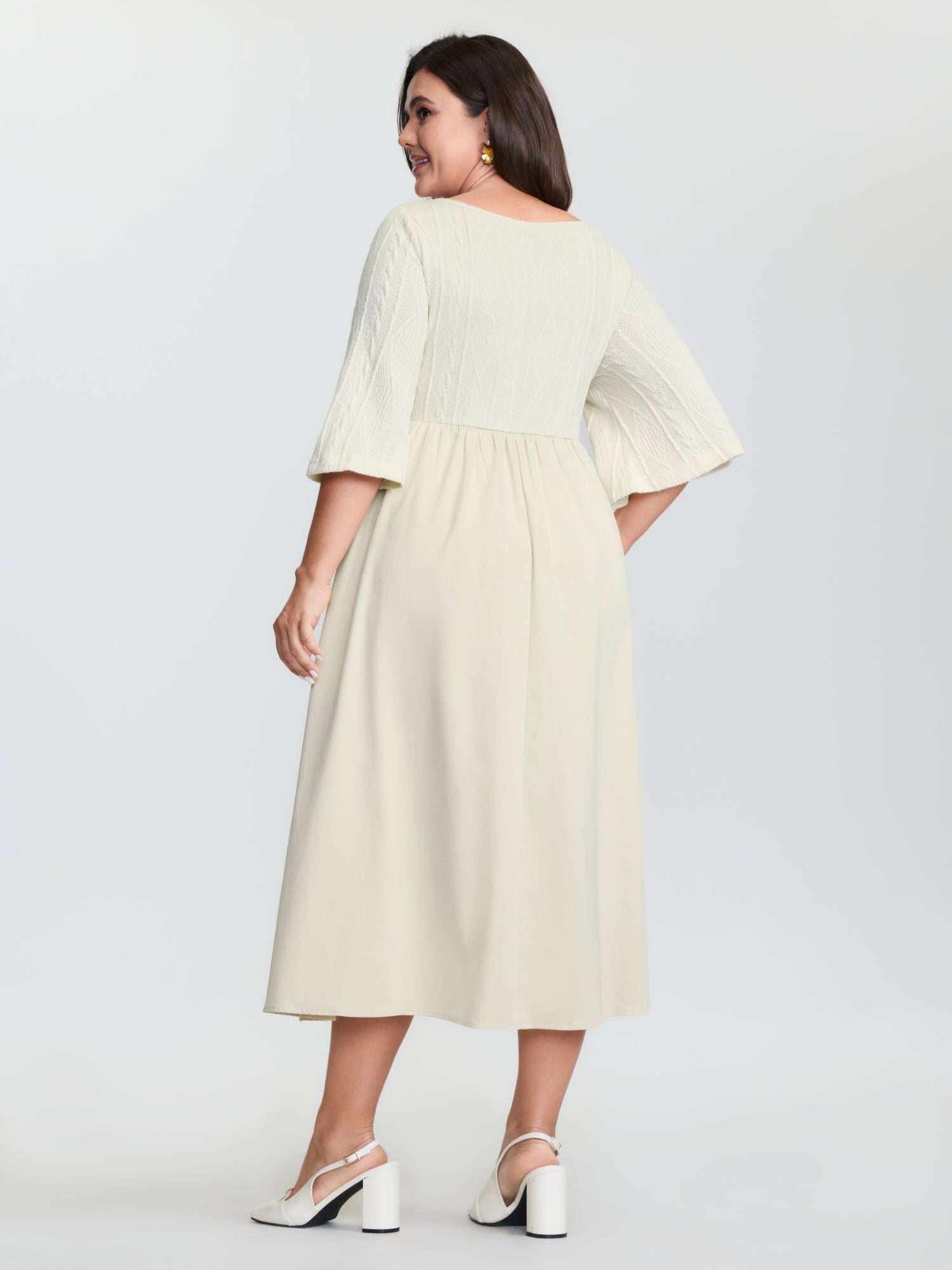 Textured Button Detail Flowy Midi Dress
