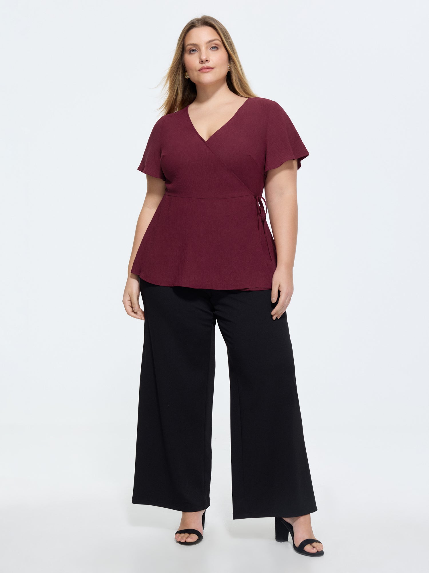 Stretchy Waist Side-Tie Plain Blouse