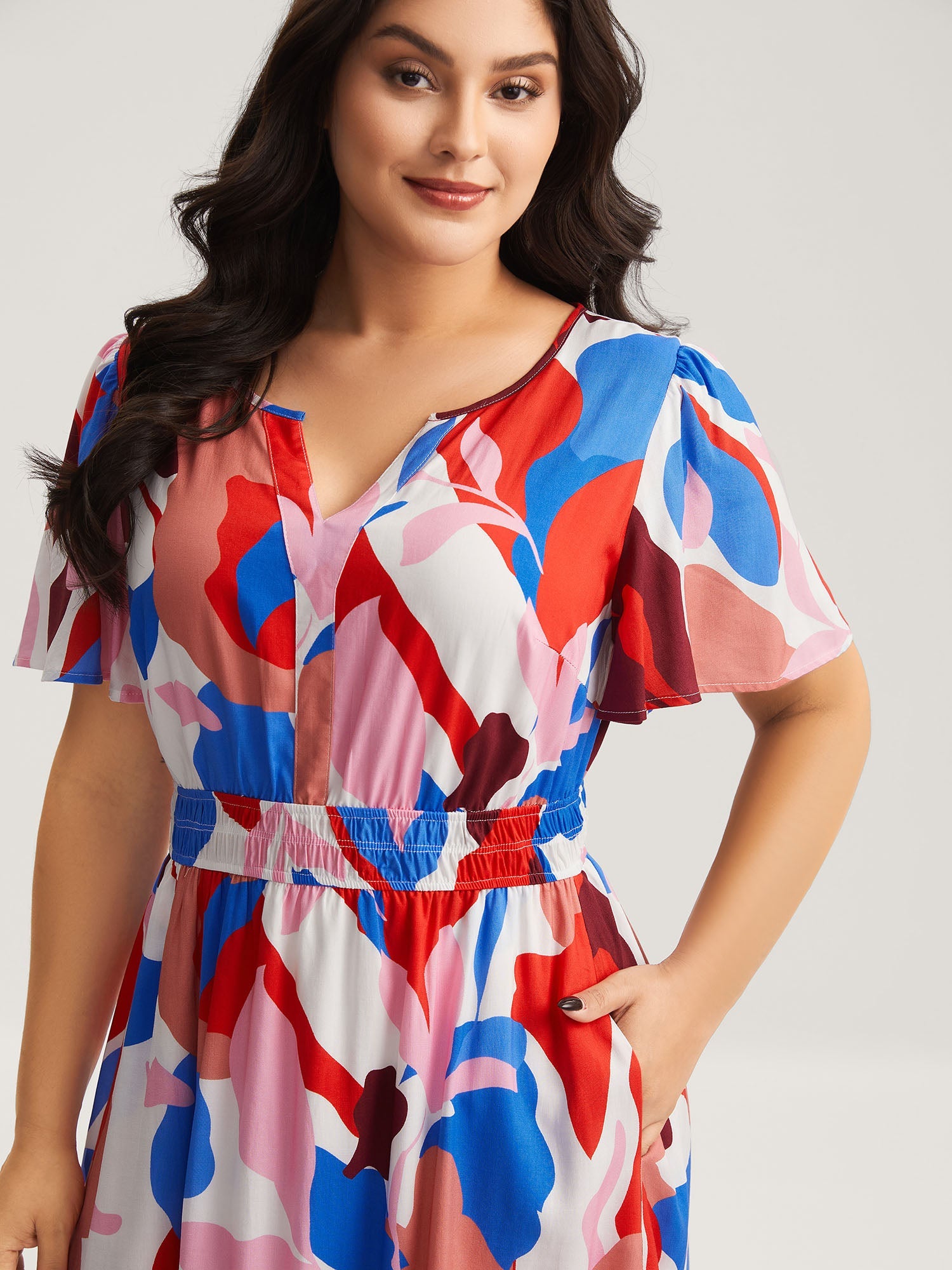 Color Block Stretchy Notched Midi Dress