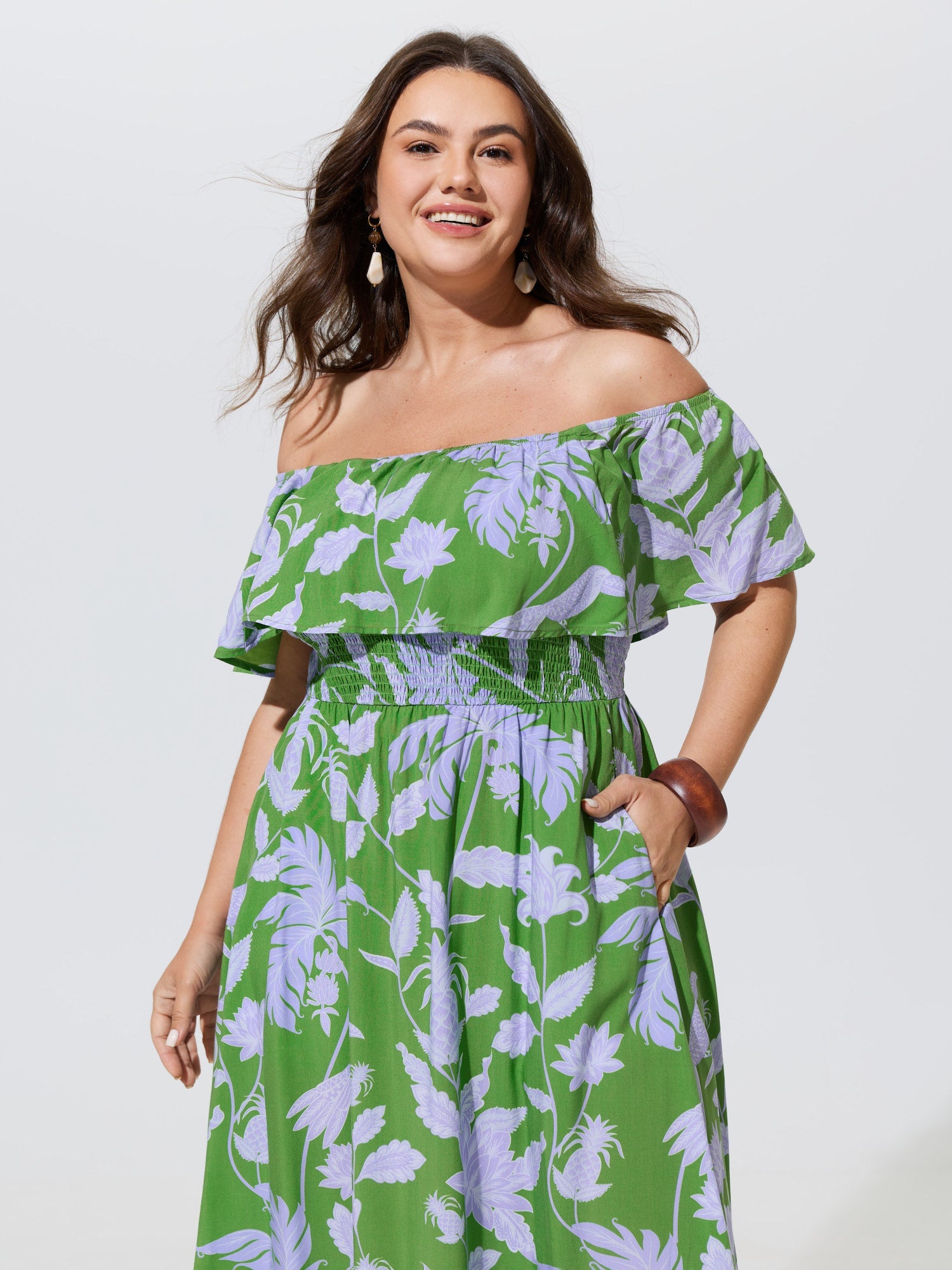 Floral Print Shirred Off-Shoulder Midi Dress