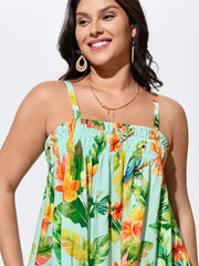 Tropical Breeze Print Shirred Neckline Tank Top