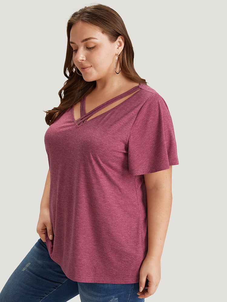 Plain Ruffle Sleeve Heather Crisscross Neck T-shirt