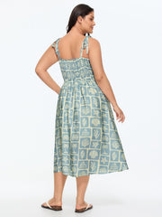 Ocean Print Shoulder-Tie Pleated Midi Dress