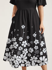 V-Neck Floral Print Flared Sleeve Dress