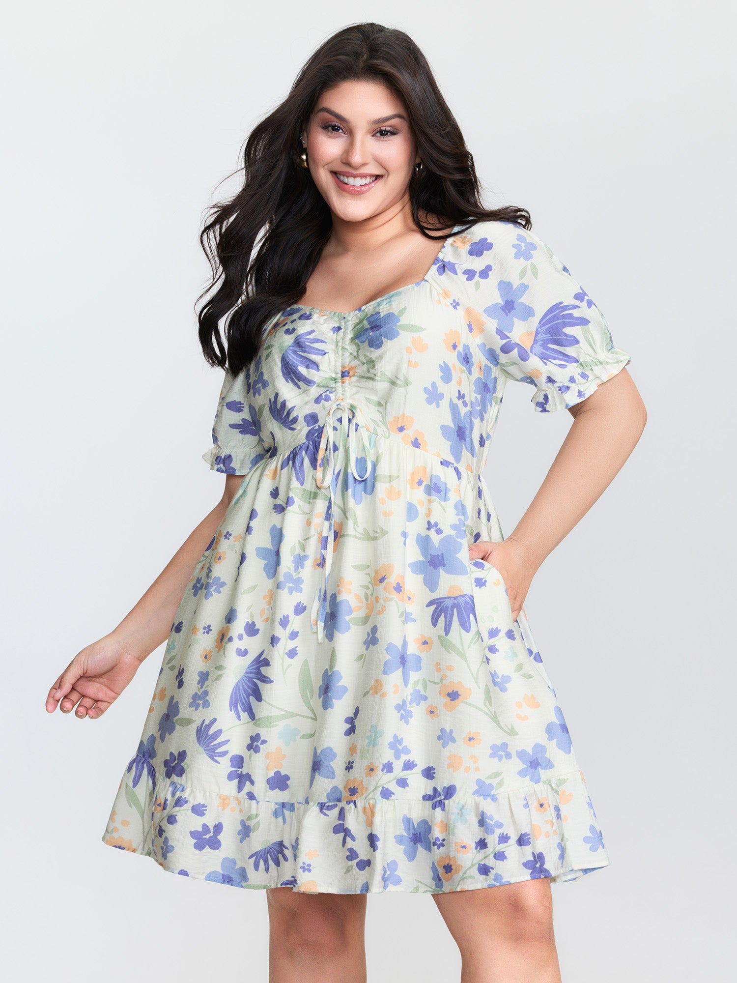 Floral Print Ruched Bodice Ruffled Short Dress