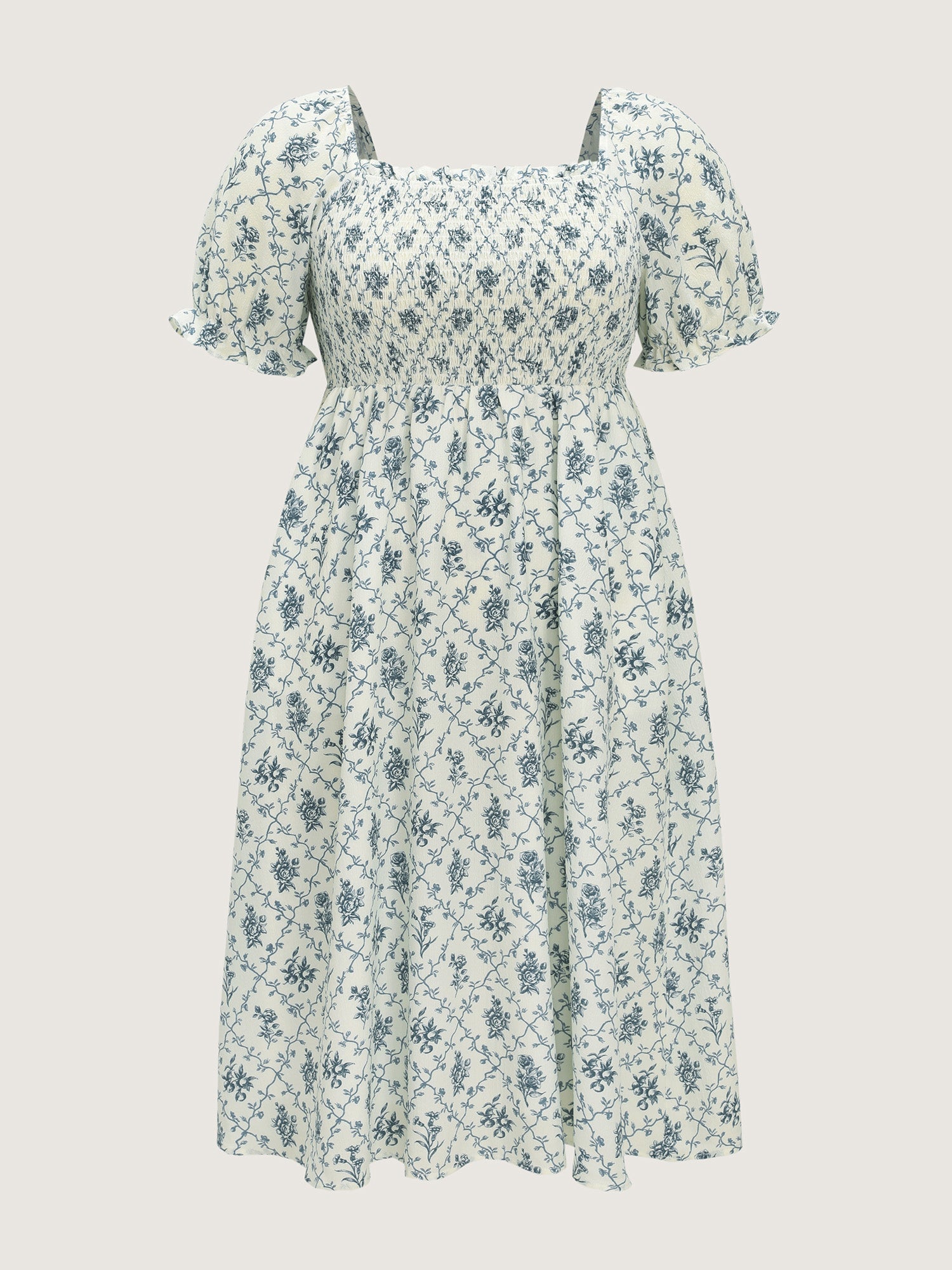 Floral Print Shirred Bodice Flowy Midi Dress