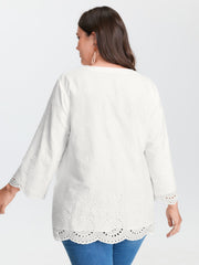 Cotton Floral Eyelet Trim Notched Collar Blouse