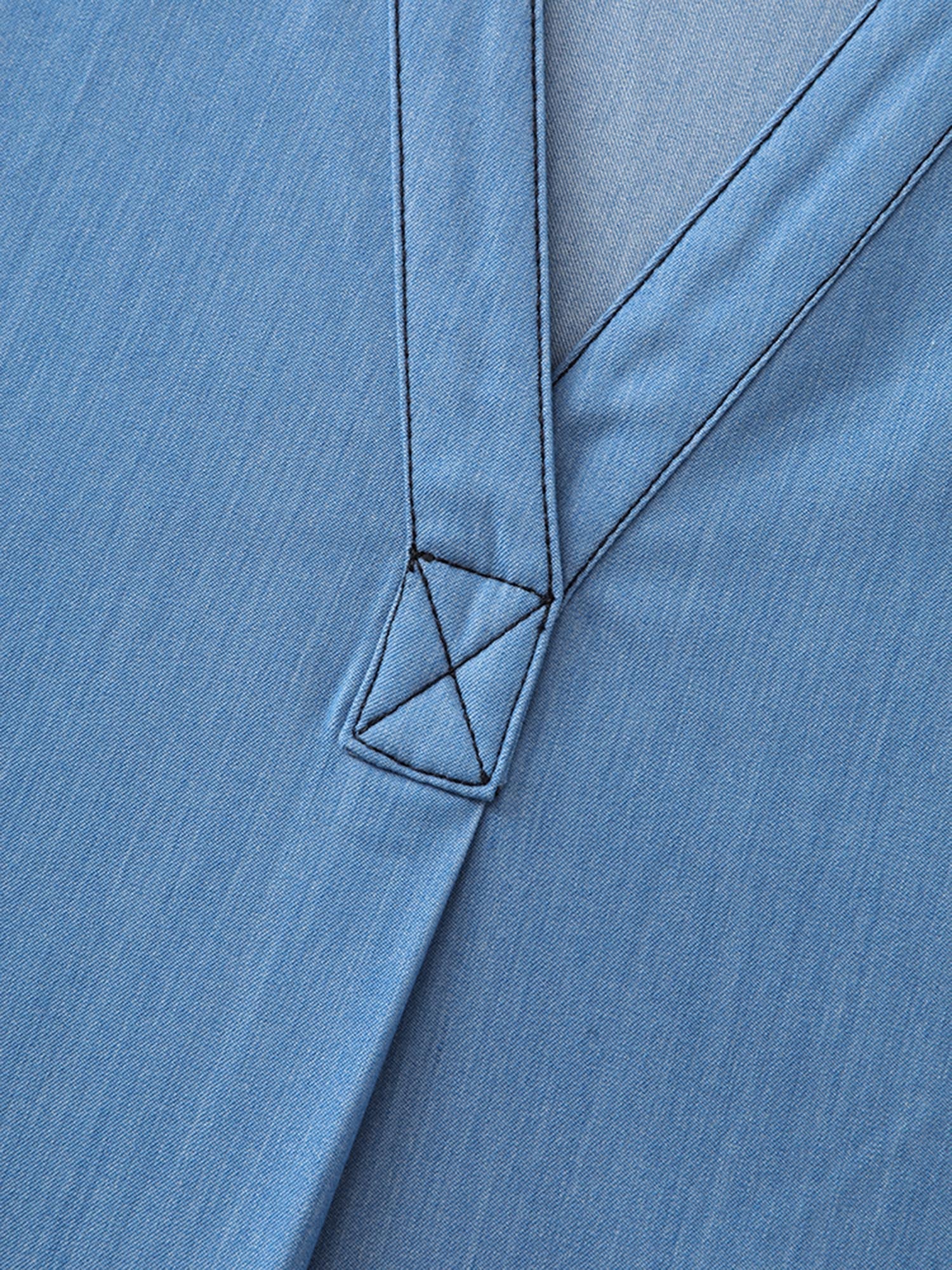 Pleated Relaxed-Fit Plain Faux Denim Blouse
