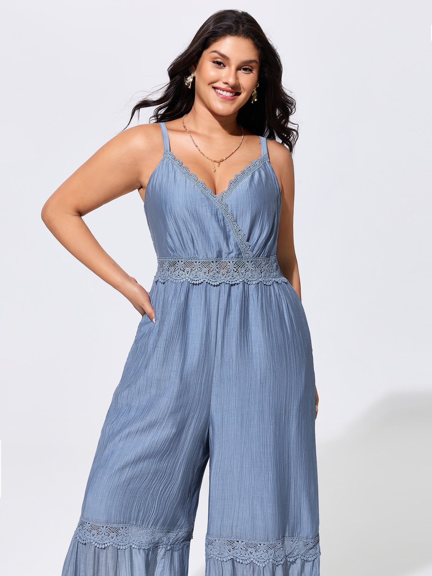 Shirred Lace Detail Wide-Leg Jumpsuit