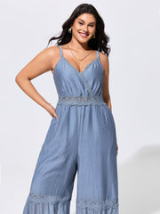 Shirred Lace Detail Wide-Leg Jumpsuit