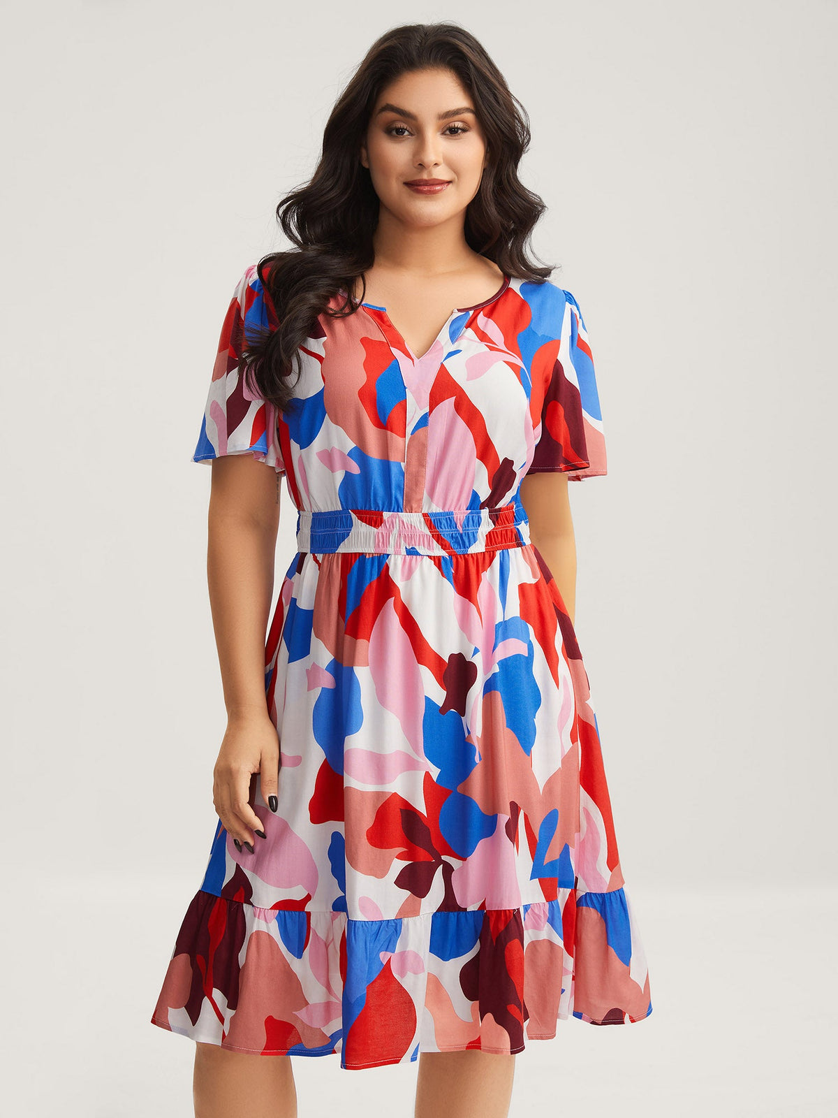 Color Block Stretchy Notched Midi Dress