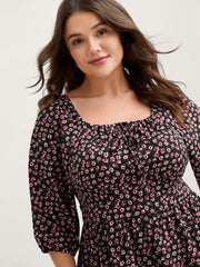 Floral Adjustable Drawstring Neck Shirred Blouse