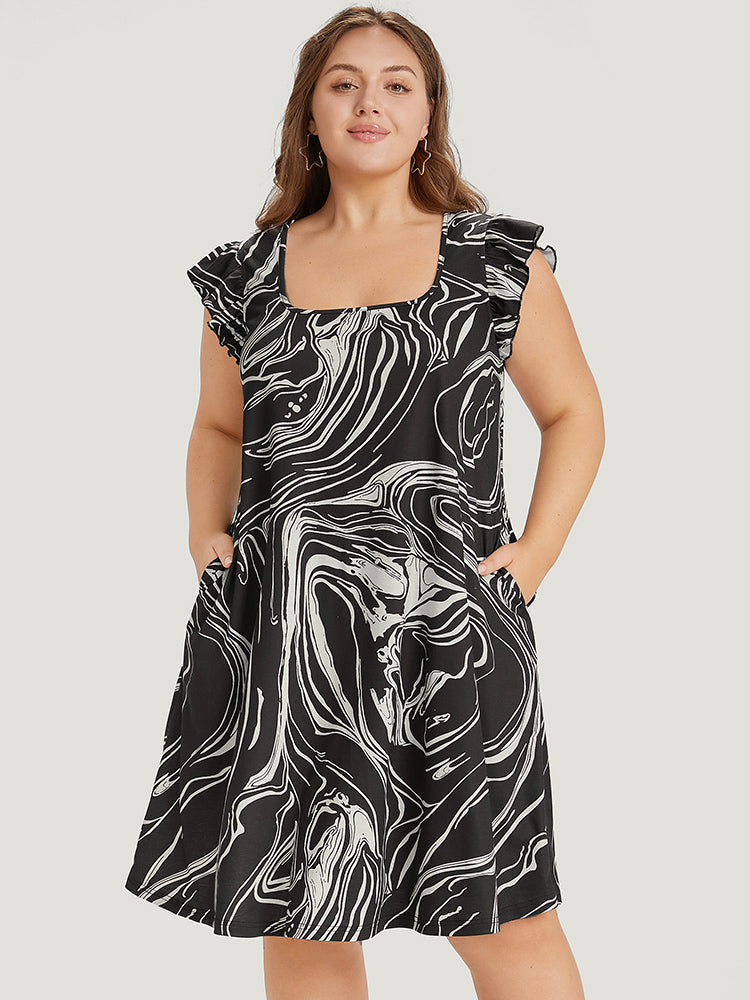 Marble Pocket Ruffle Cap Sleeve Square Neck Dress