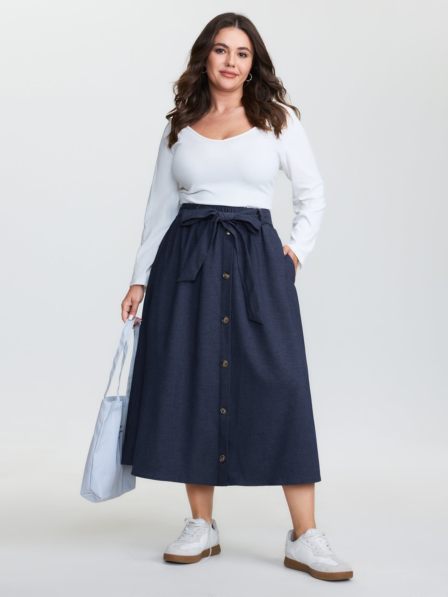 Stretchy Button Detail Waist-Tie Maxi Skirt