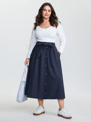 Stretchy Button Detail Waist-Tie Maxi Skirt