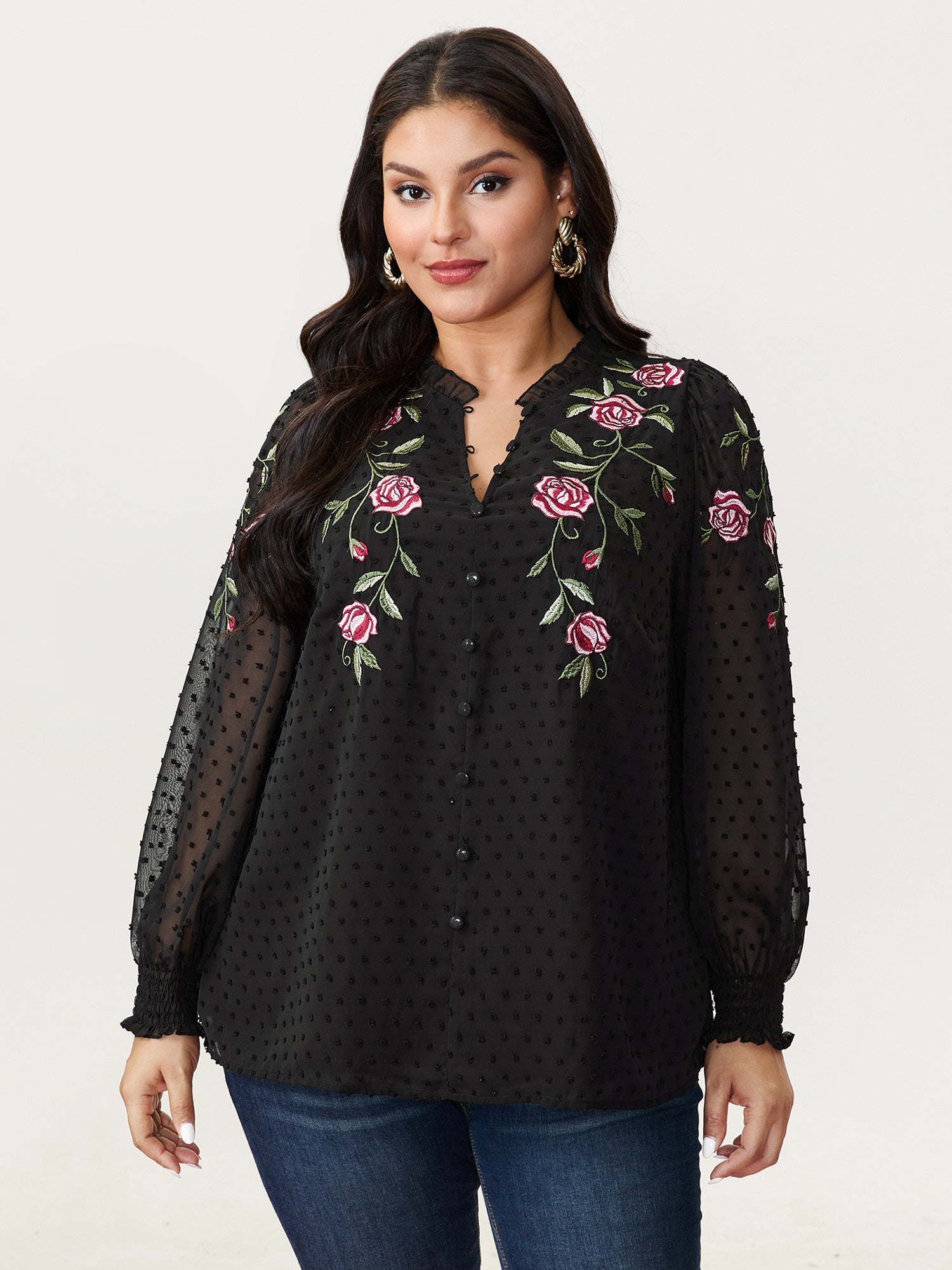 Rose Embroidered Textured Sheer Blouse