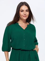 Solid Notch V Neck Drawstring Waist Midi Dress