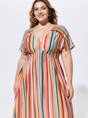 Colorful Striped Print V-Neck Midi Dress