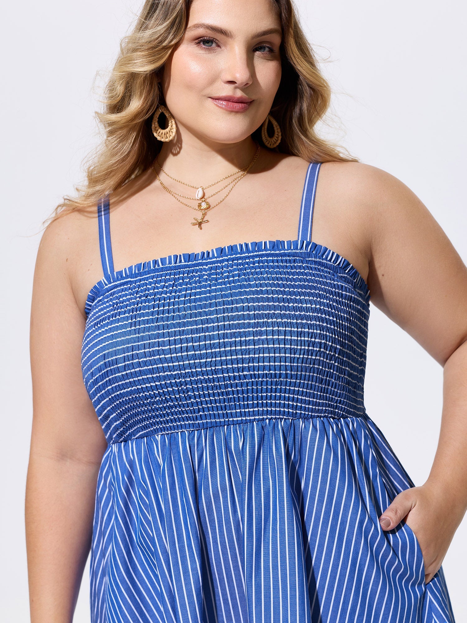 Cotton Striped Square Neckline Shirred Back Mini Dress