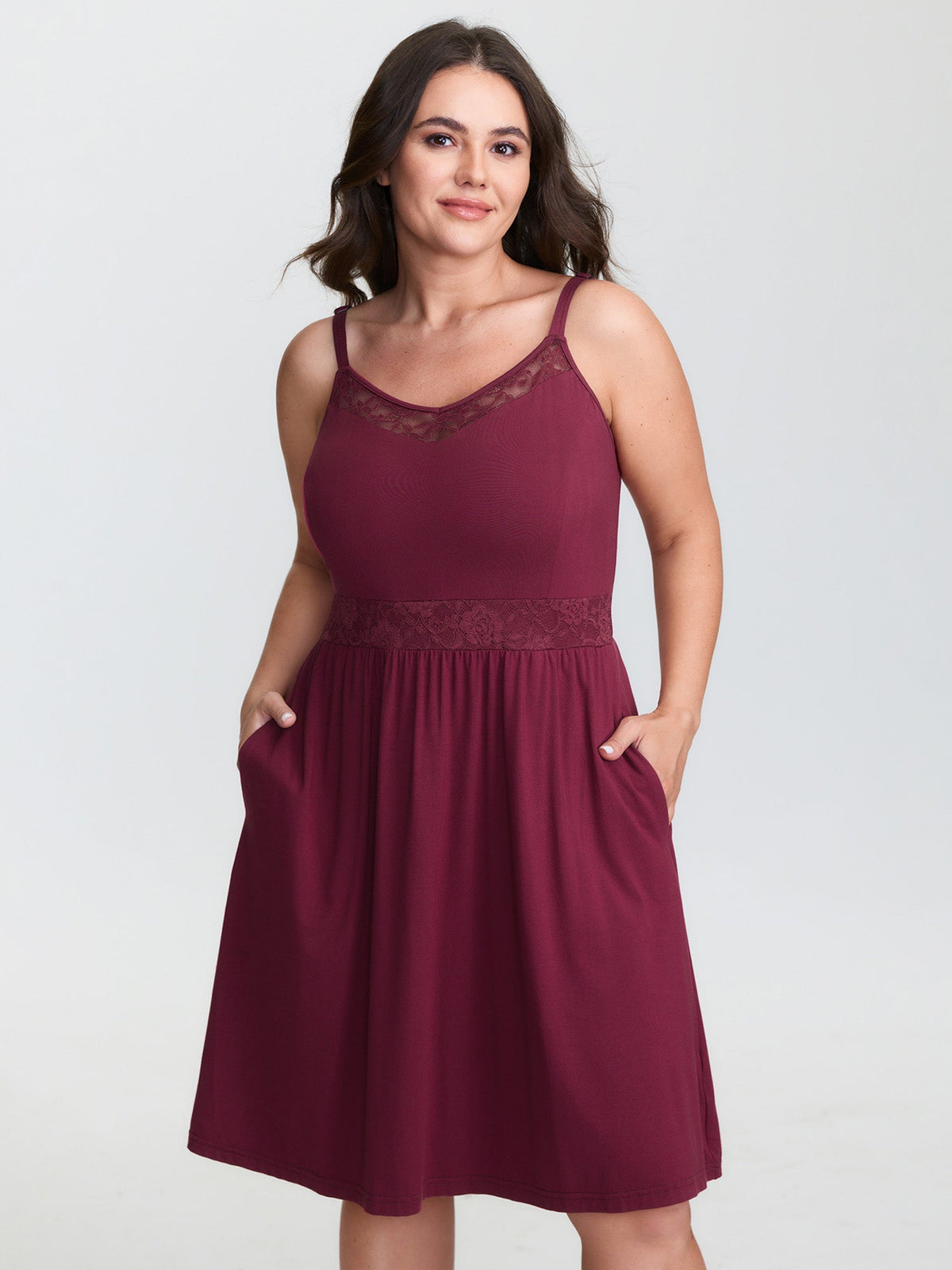 Lace Trim Sheer Neckline Pocket Nightgown