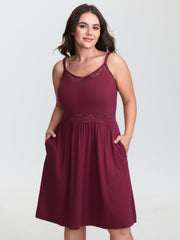 Lace Trim Sheer Neckline Pocket Nightgown