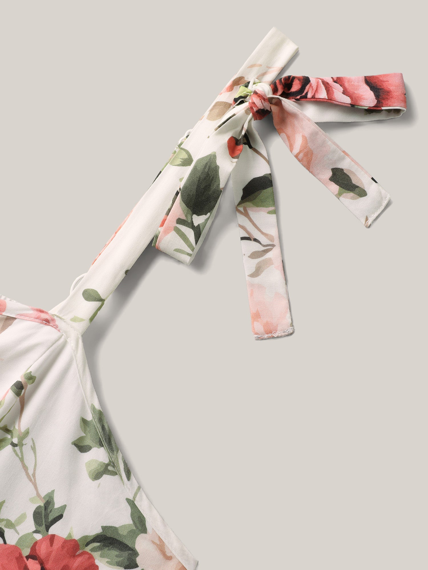 Rosy Print Bow Strap Pockets Midi Dress