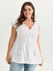 Cotton Lace Textured Tassel Neckline Knit Top