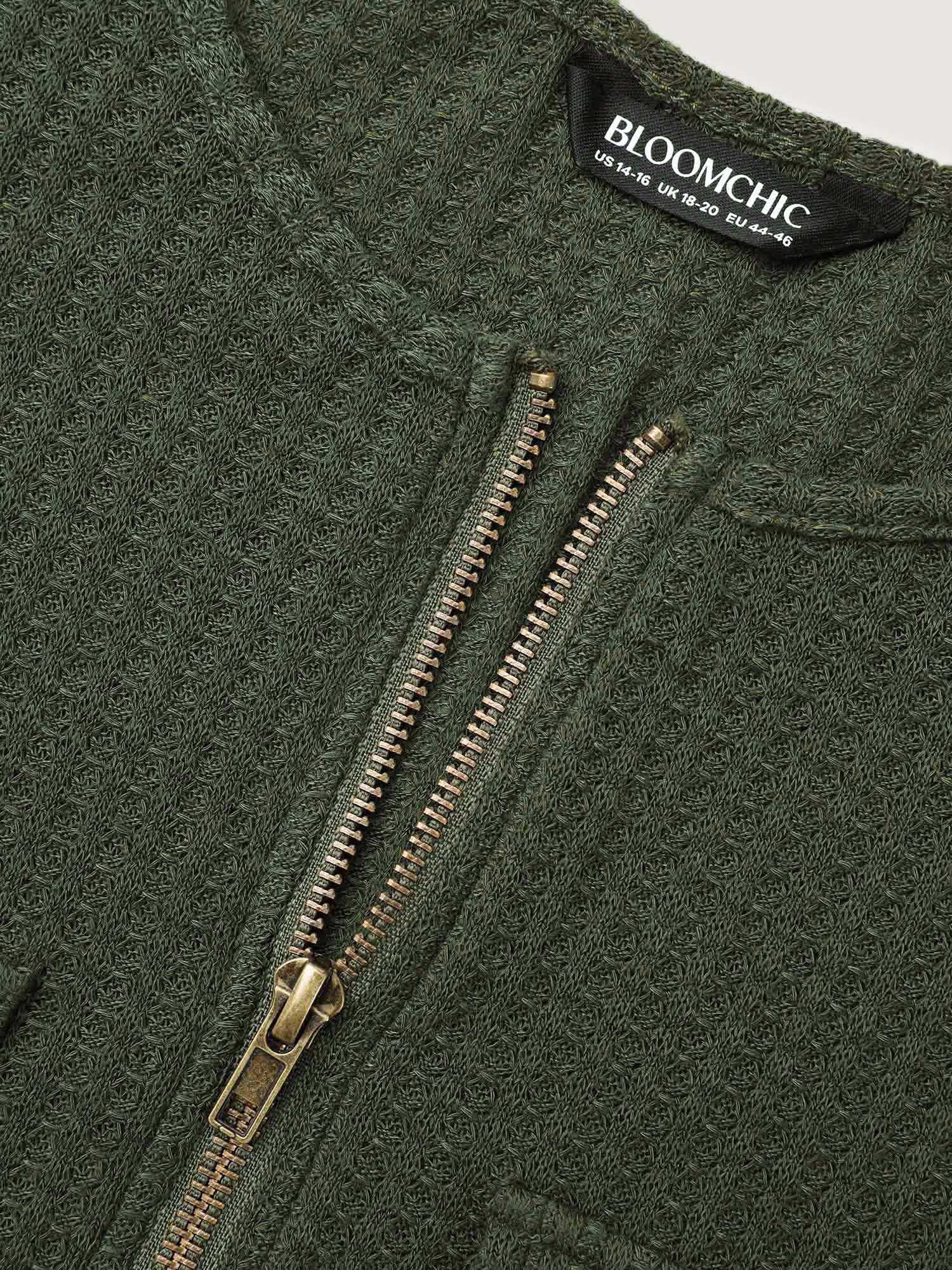 Half Zipper Flap Detail Pockets Knit Top