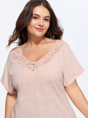 Cotton Lace Neckline Casual Plain T-Shirt