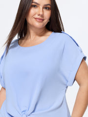 Shoulder Button Detail Knotted Front Plain Blouse