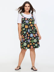 Floral Print Overall Straps Mini Dress
