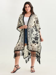 Floral Print Tassel Hem Open-Front Kimono