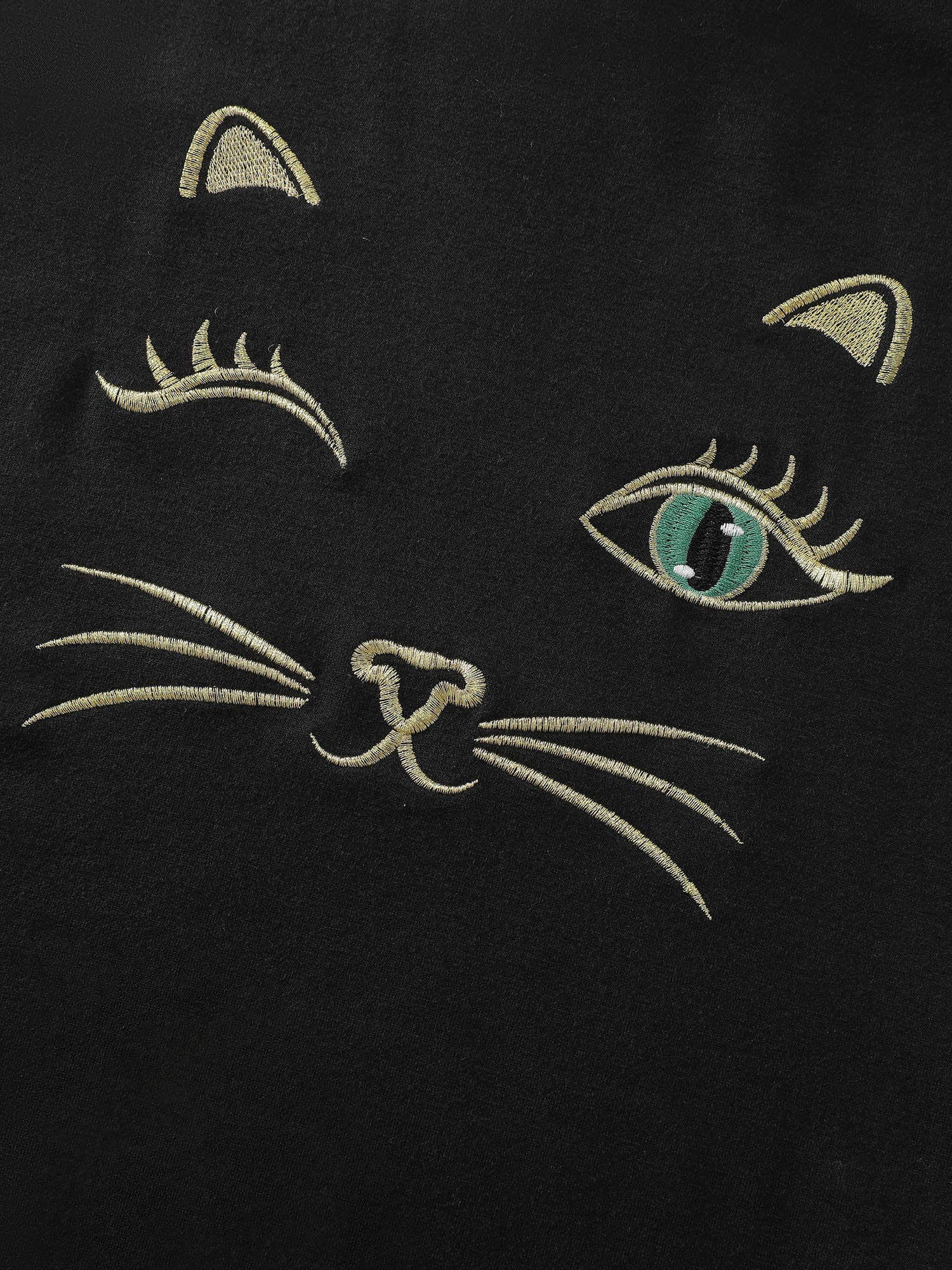 Meow Embroidery Stretchy Round Neck Sweatshirt