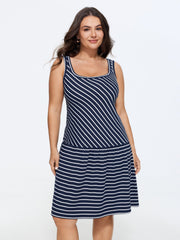 Striped Print Square Neck Rib Mini Dress