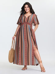 Boho Striped Print Cinched-Waist Maxi Dress