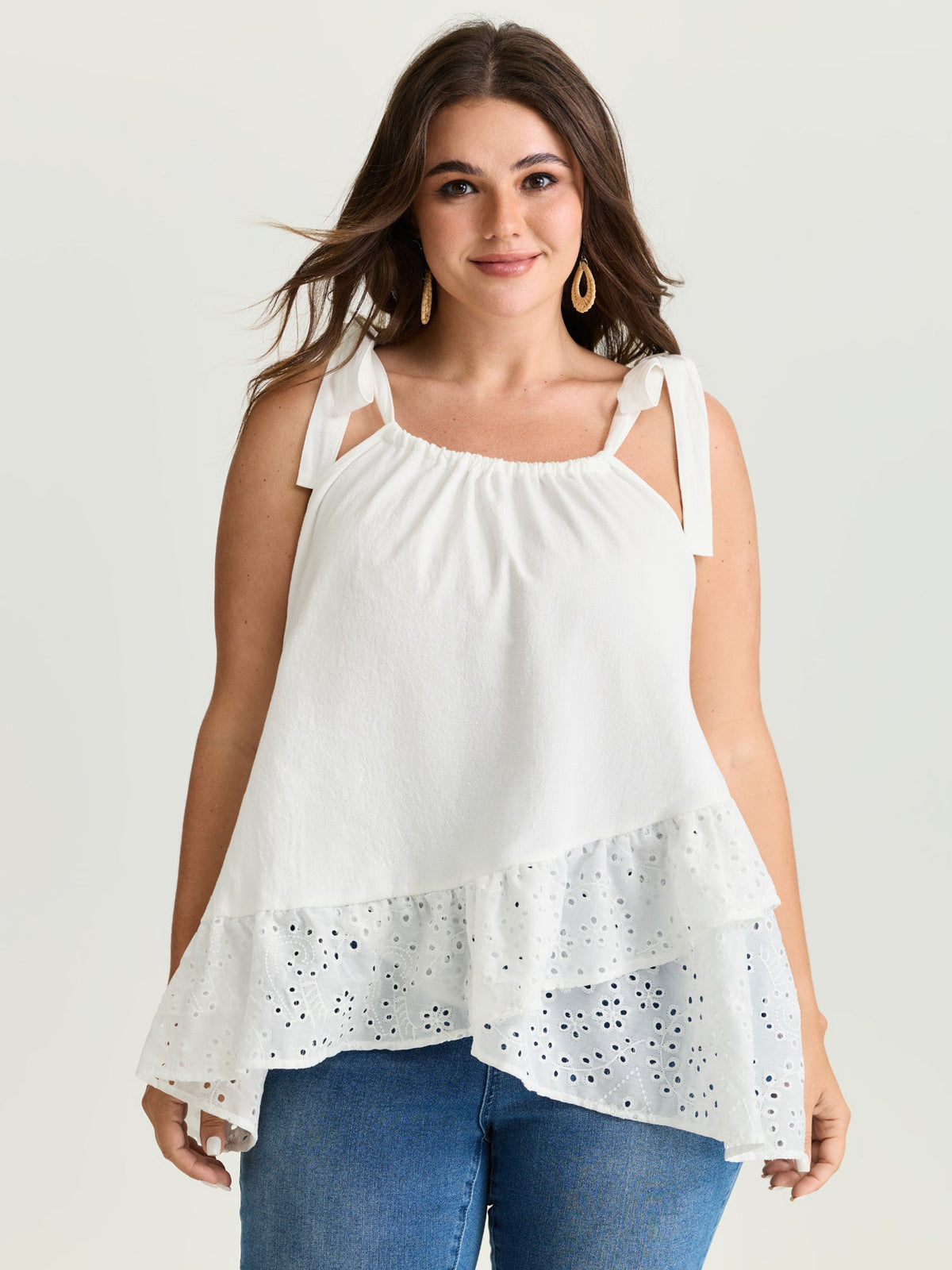 Cotton Overlap Ruffled Hem Shoulder-Tie Tank Top