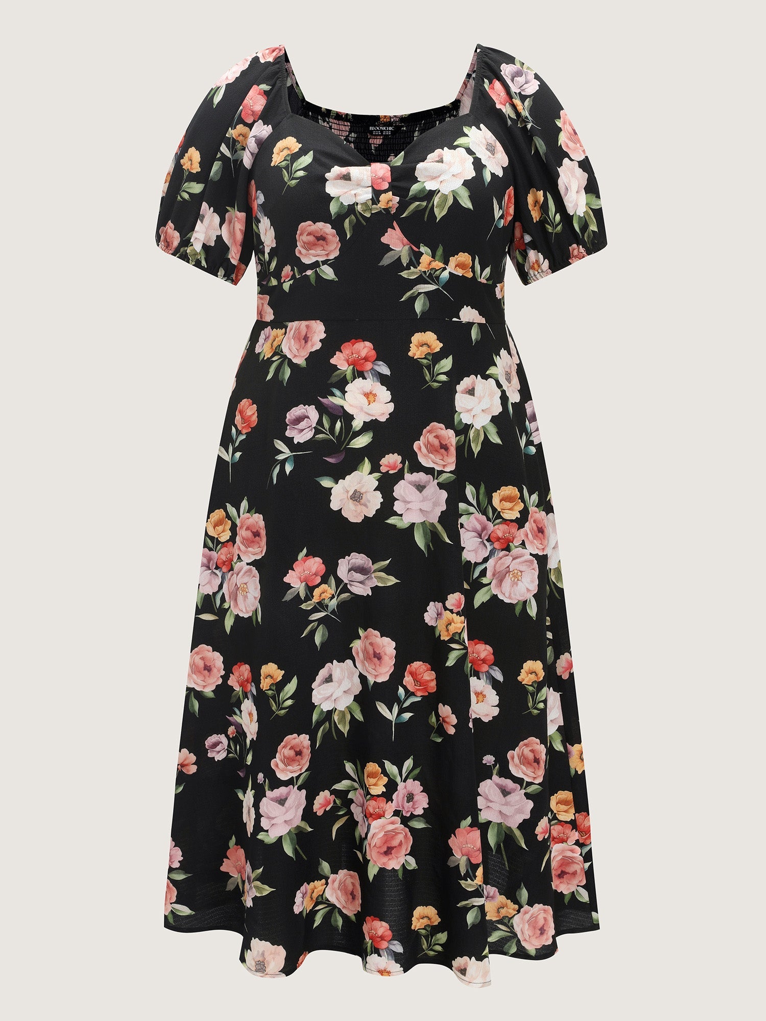 Floral Print Puffy Sleeve Shirred Midi Dress