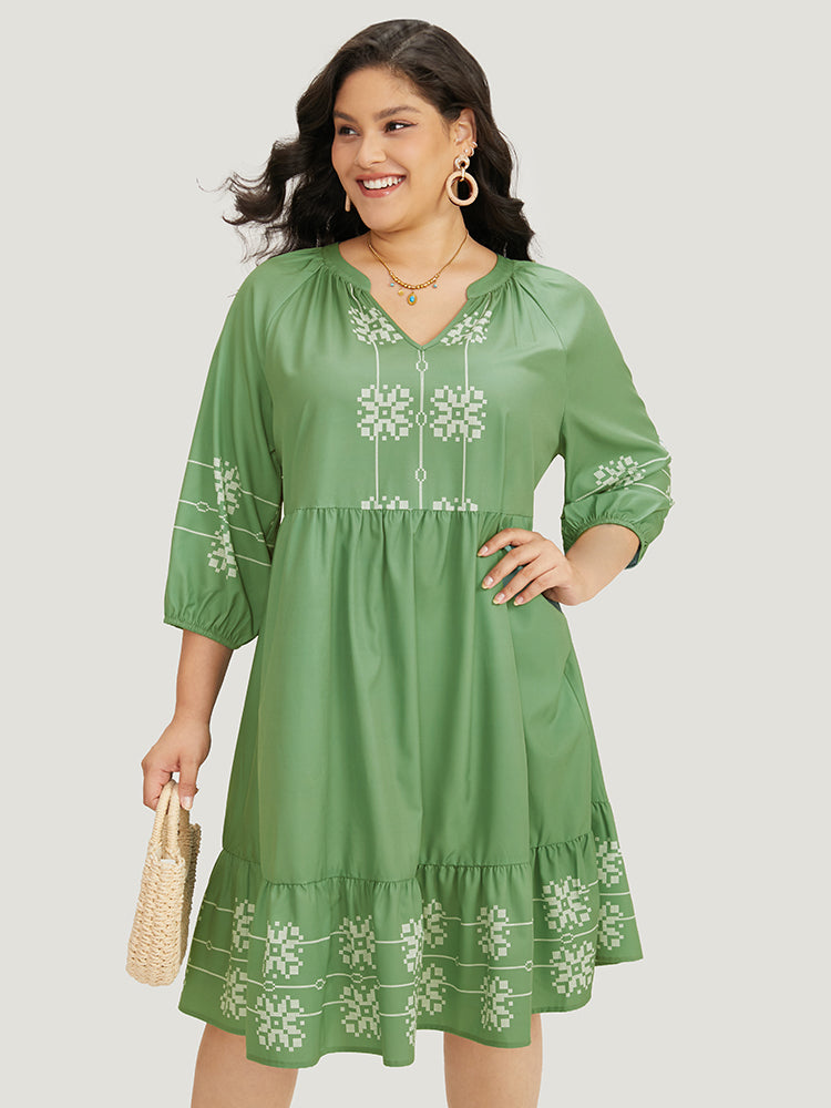 Bandana Print Notched Layered Hem Elastic Cuffs Dress