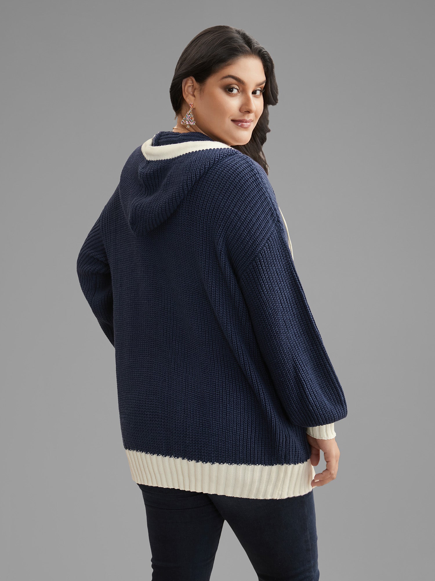 Contrast Hood Hemline Pockets Open Cardigan