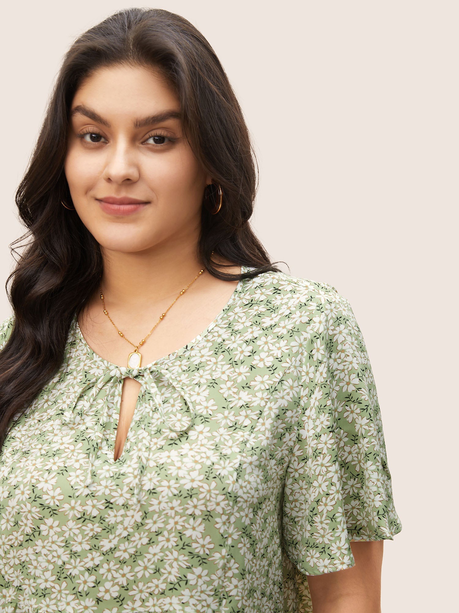 Ditsy Floral Ruffle Sleeve Gathered Ties Blouse
