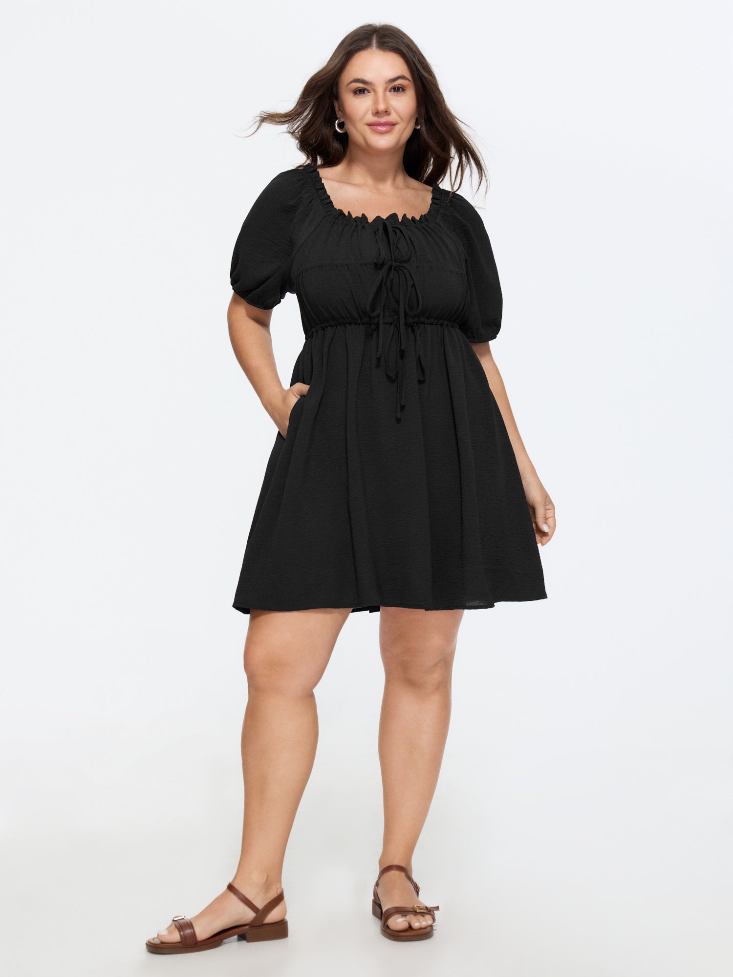 Adjustable Drawstring Tie Front Plain Mini Dress