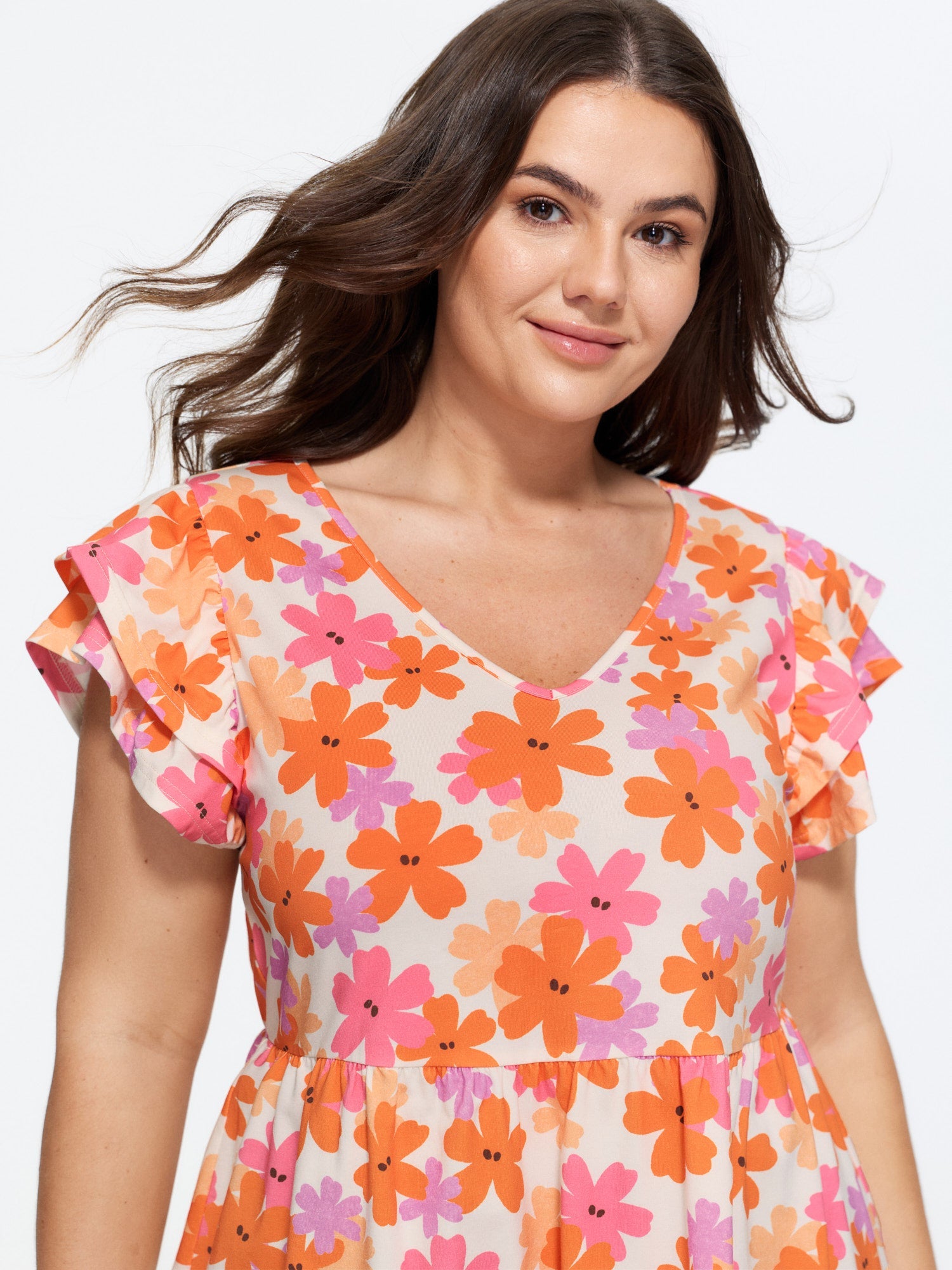 Stretchy Floral Print Ruffled Sleeve Knit Top
