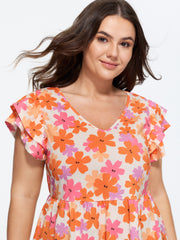 Stretchy Floral Print Ruffled Sleeve Knit Top