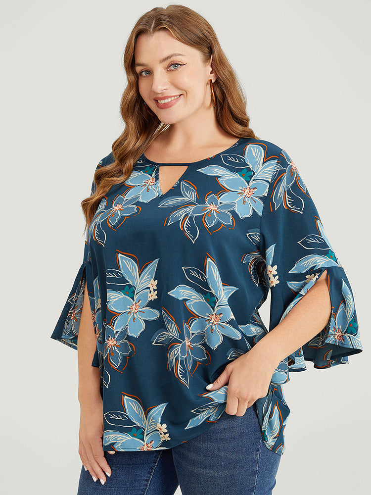 Floral Print Keyhole Neck Split Bell Sleeve Blouse