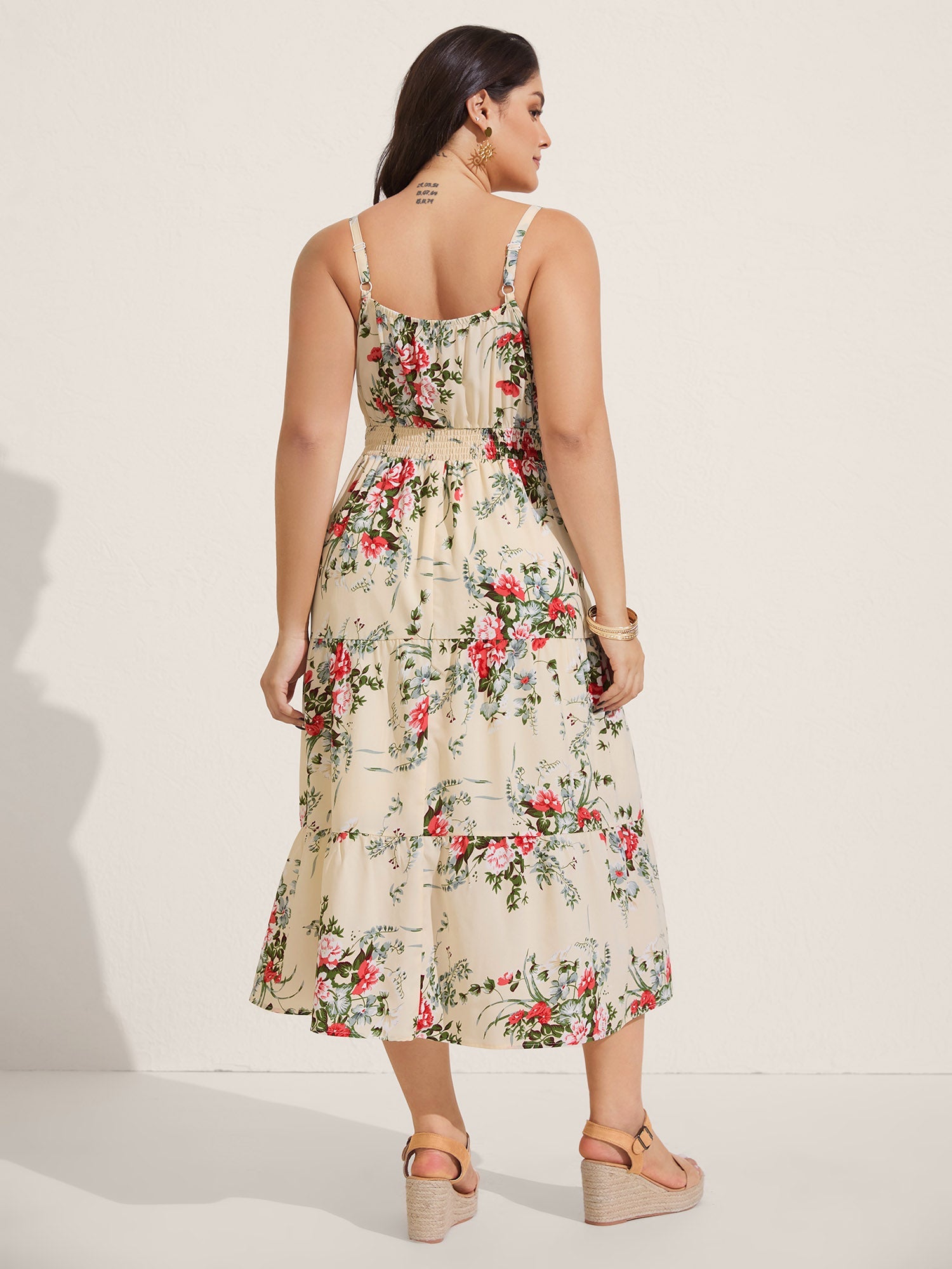 Floral Pleated Waist Pockets Midi Dress