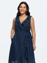 Sheer Textured Ruffled Wrap Midi Dress