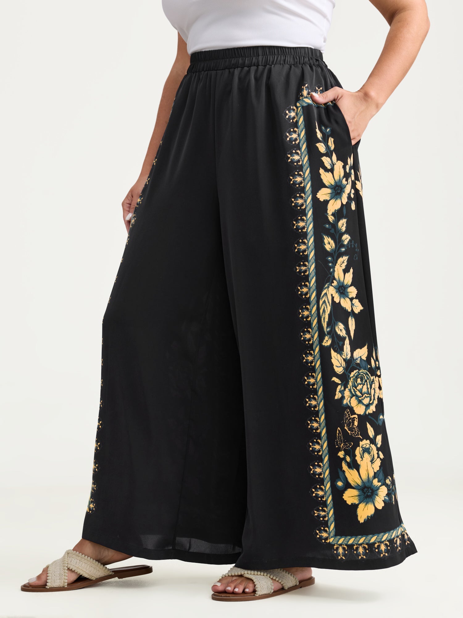 Side Floral Print Wide-Leg Pants